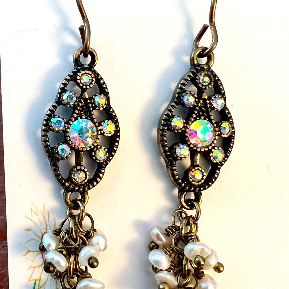 Handmade Brass with Crystals and Pearls Earrings on Hooks